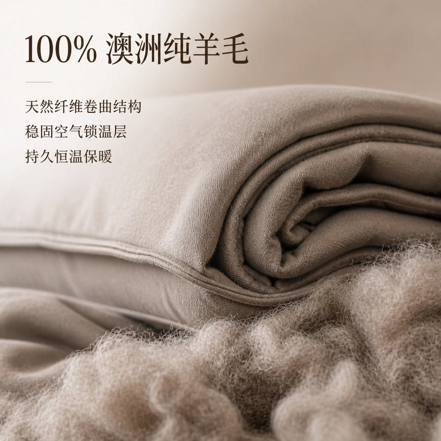 羊毛毯细节特写，配有100%澳洲纯羊毛、天然纤维卷曲结构等中文卖点文字。