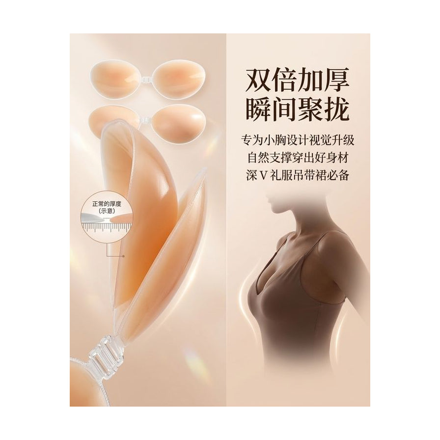 双倍加厚胸托厚度对比示意图，展示聚拢效果与深 V 礼服穿着场景，含中文宣传文案。