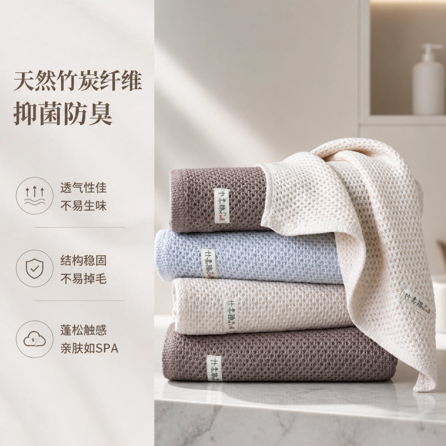 在浴室场景中叠放的竹炭纤维毛巾，左侧文字介绍其天然材质、抑菌防臭、不易掉毛及亲肤触感。