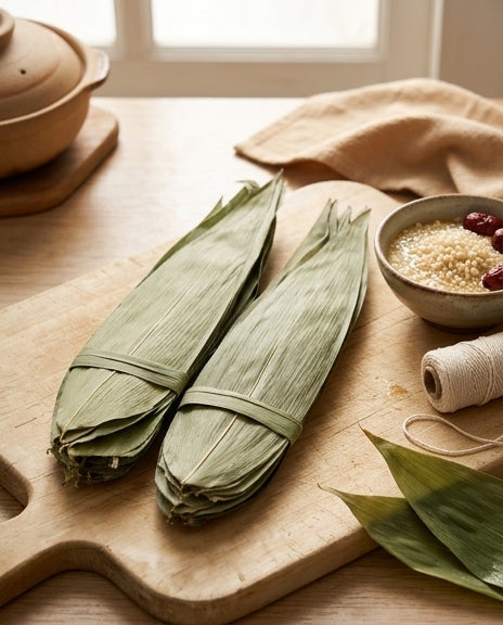 电商说明图展示粽叶细节与使用场景，包含中文卖点标注。