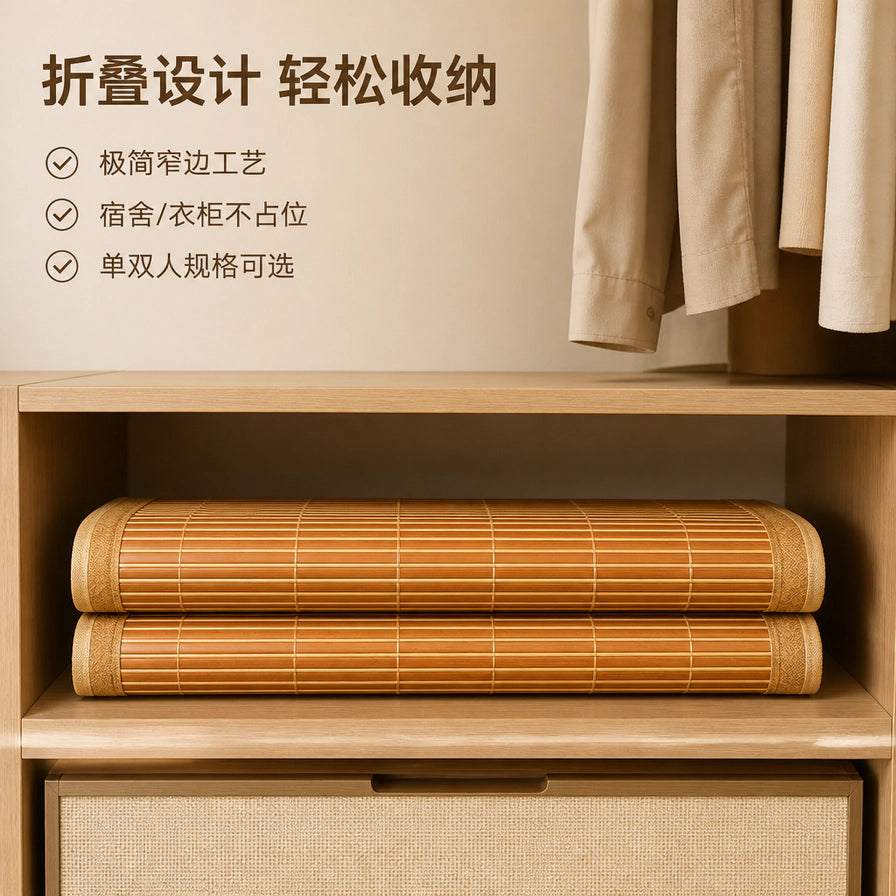 折叠后的楠竹凉席整齐收纳在木质衣柜隔层中，展示其节省空间、易于收纳的特点。