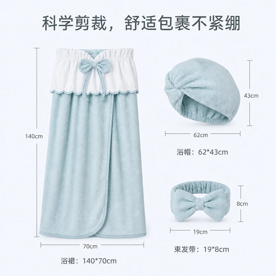 浴裙三件套尺寸标注图，详细显示浴裙140x70cm、浴帽62x43cm及束发带19x8cm的具体规格。