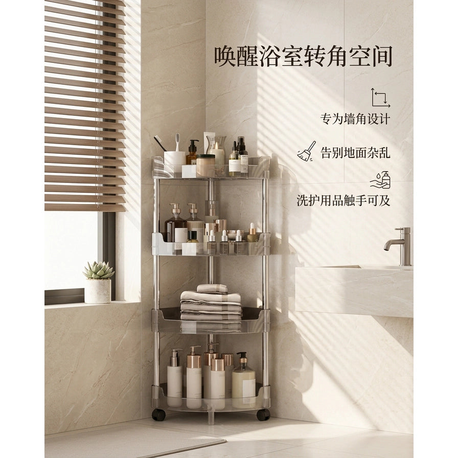 放置在浴室转角的四层透明收纳架，旁边有洗手池和百叶窗，光线明亮，展示家居收纳场景。