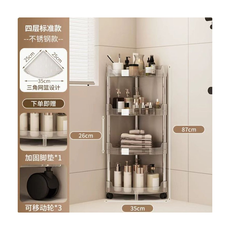 浴室三角收纳架尺寸图，显示高度87厘米，宽度35厘米，包含四层标准款不锈钢材质说明及可移动轮细节。