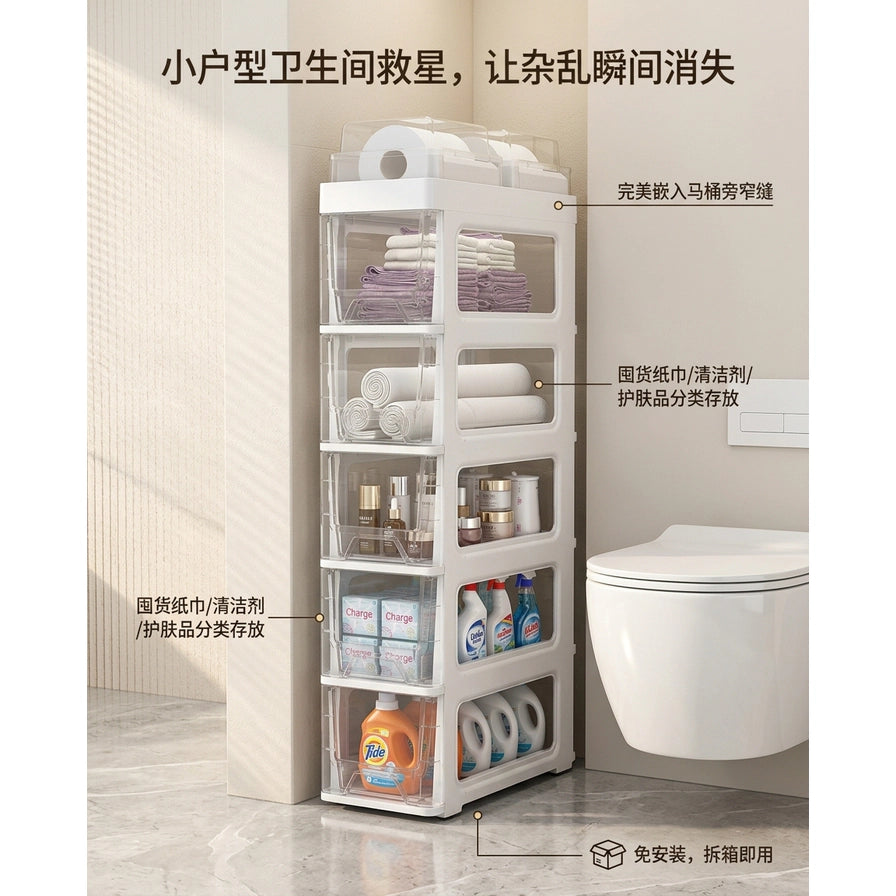卫生间角落全景图，置物架嵌入马桶与墙壁缝隙，标注免安装及分类存放功能的中文说明文字。