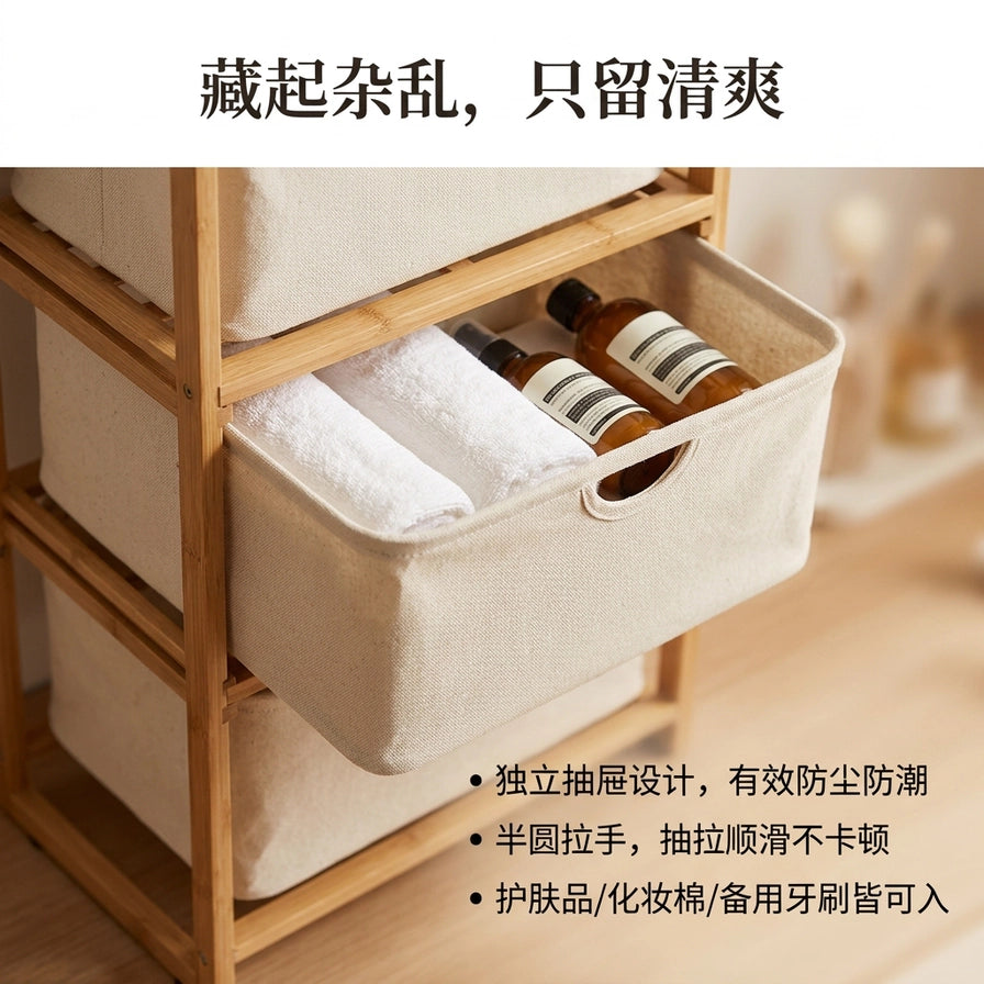 浴室置物架局部特写，拉开的抽屉内放有毛巾和洗护瓶，图片含中文标题及卖点说明文字。