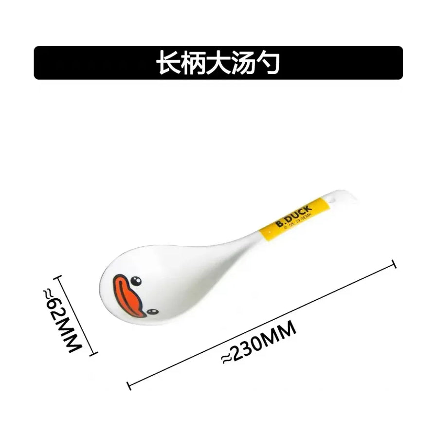 B.DUCK 长柄大汤勺尺寸标注图，显示长度约为 230mm，勺头宽度约为 62mm，上方有“长柄大汤勺”黑色标题栏。