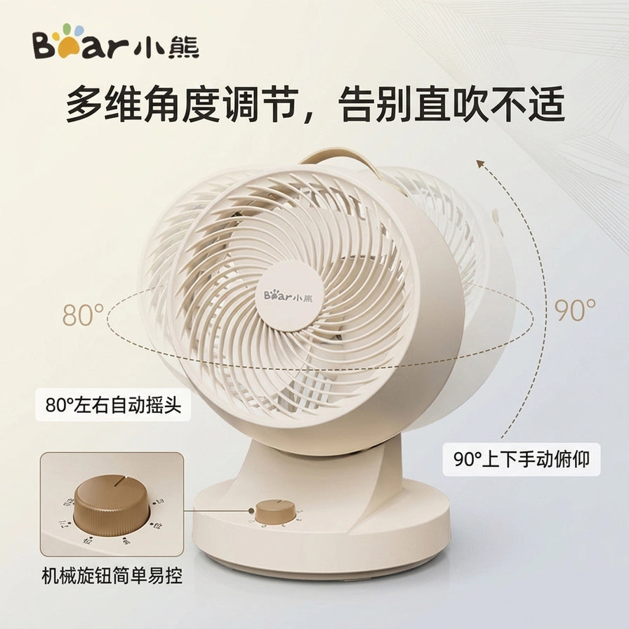 小熊空气循环扇多维角度调节示意图，展示80度左右摇头与90度上下俯仰，以及机械旋钮细节。