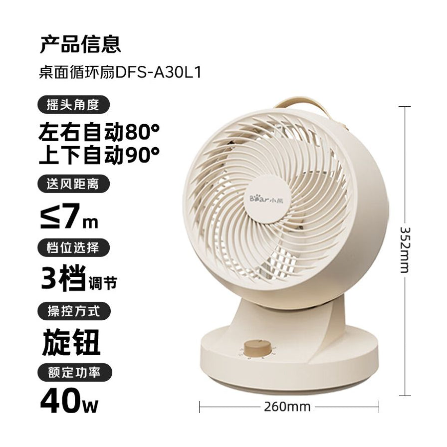 小熊桌面空气循环扇产品信息图，标注左右80度自动摇头、上下90度调节、3档风速及尺寸规格。