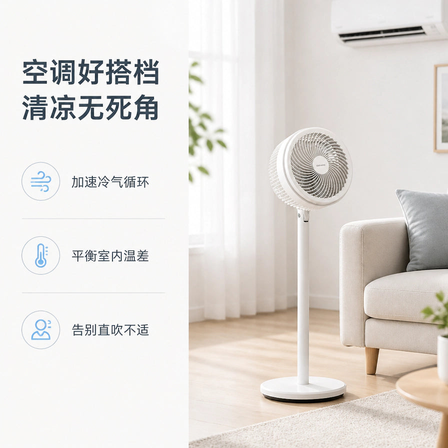 小熊落地空气循环扇与空调配合使用的场景图，文字标注“空调好搭档 清凉无死角”，强调加速冷气循环和平衡室内温差。