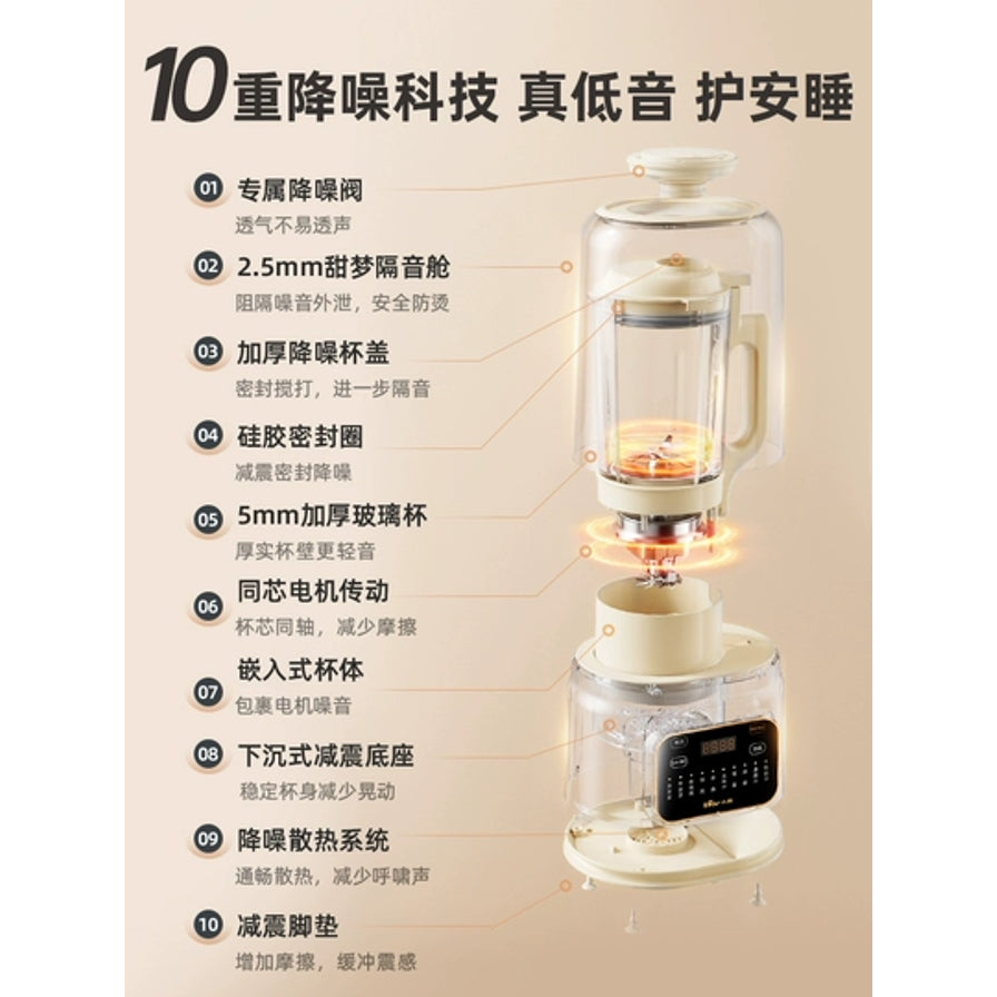 小熊破壁机10重降噪科技拆解图，详细标注了隔音舱、加厚玻璃杯、减震底座等降噪组件。