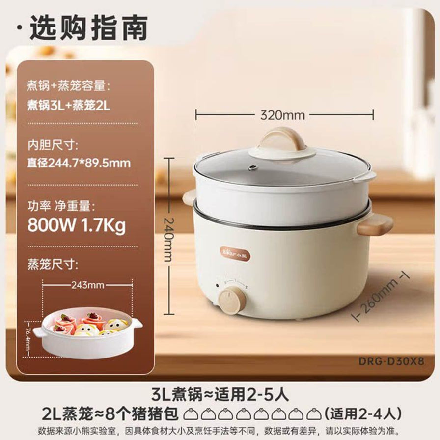 小熊电煮锅选购指南海报，详细标注了锅体和蒸笼的尺寸、容量、功率及重量等规格参数。