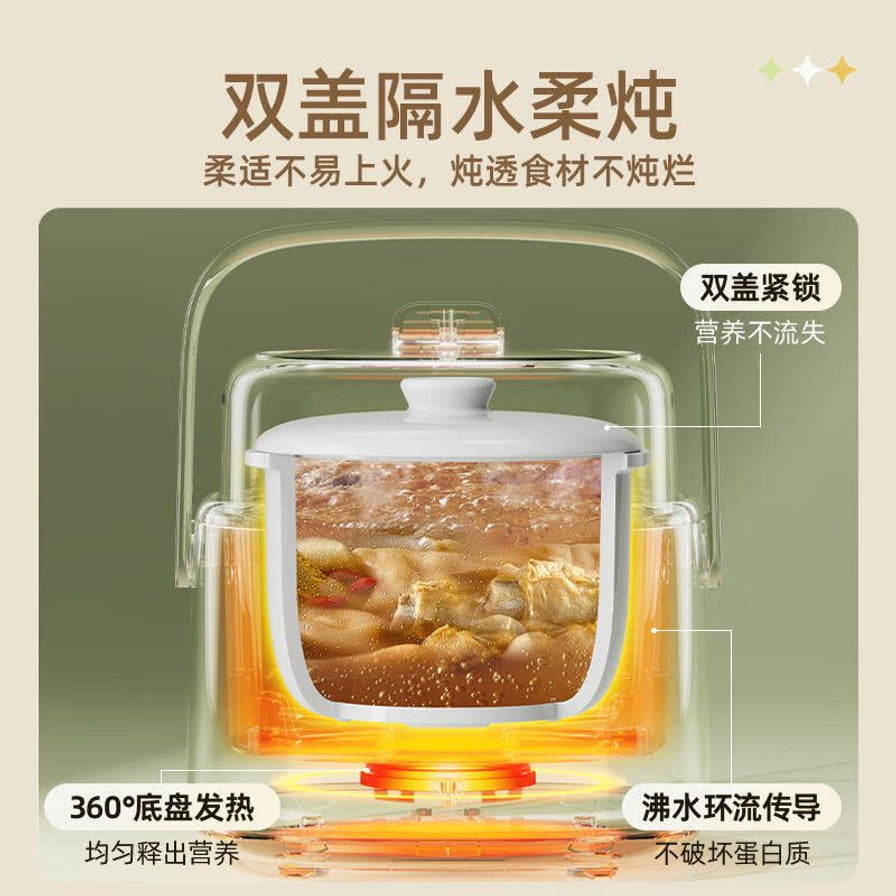 小熊电炖锅内部结构示意图，展示双盖隔水柔炖、360度底盘发热及沸水环流传导技术。