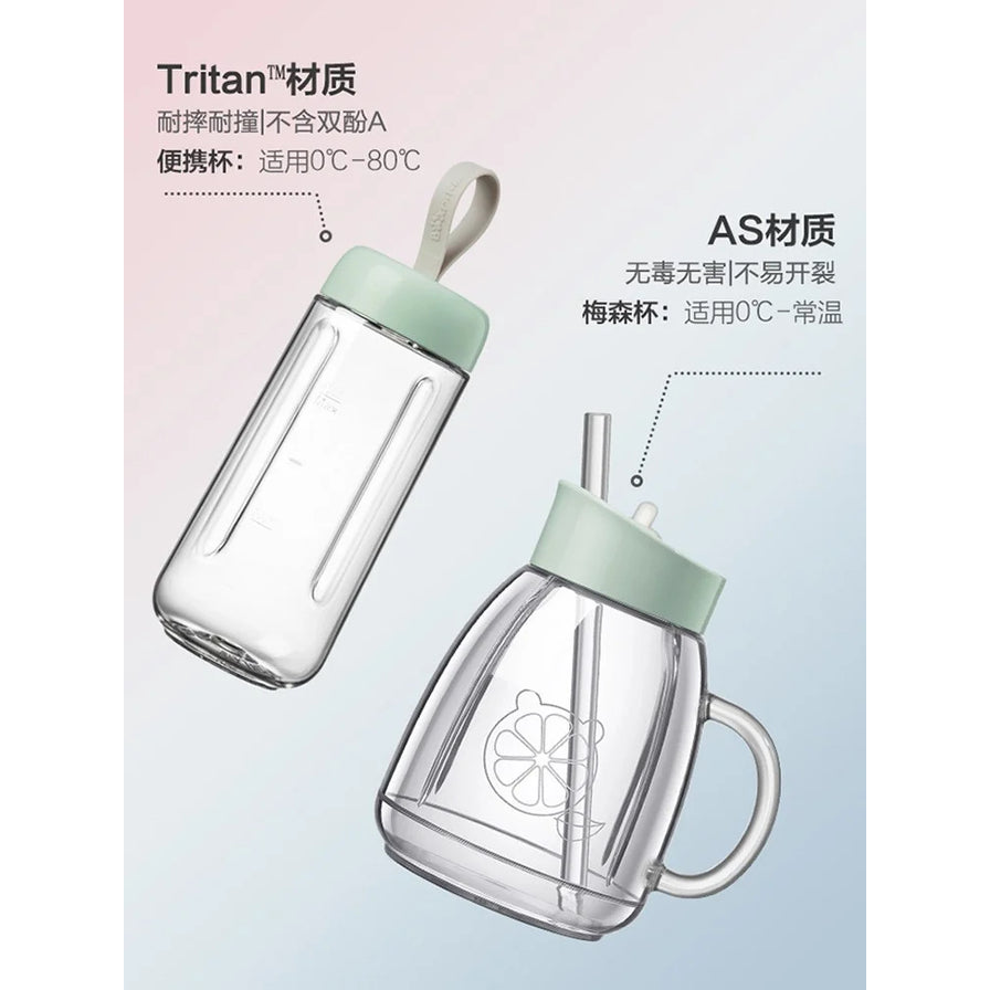 小熊榨汁机配件材质说明图，展示Tritan材质便携杯和AS材质梅森杯的耐温范围。