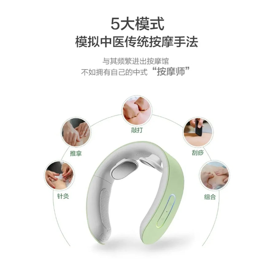 小熊颈部按摩仪功能介绍图，展示了推拿、敲打、刮痧、针灸和组合五大按摩模式，模拟中医传统手法。