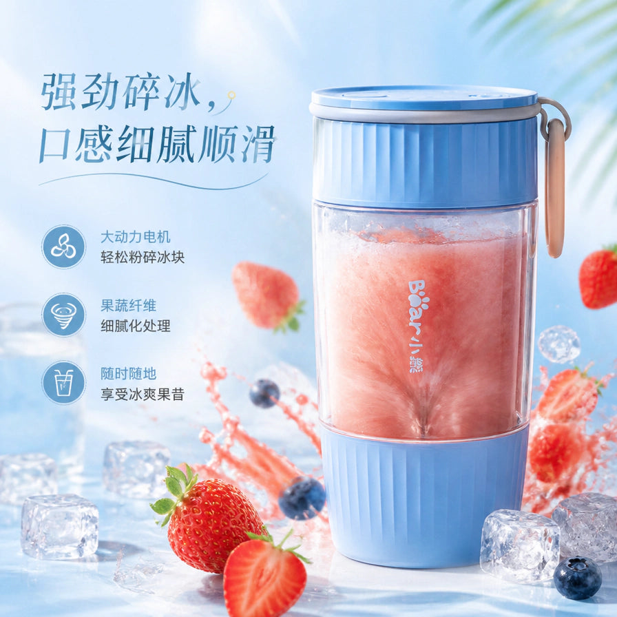 蓝色小熊便携式料理机正在搅拌草莓果昔，背景配有草莓和冰块，左侧文字强调强劲碎冰和细腻口感卖点。
