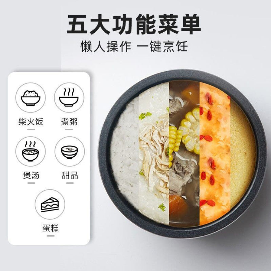 小熊电饭煲五大功能菜单示意图，包括柴火饭、煮粥、煲汤、甜品和蛋糕，右侧展示内胆中不同食物的组合。