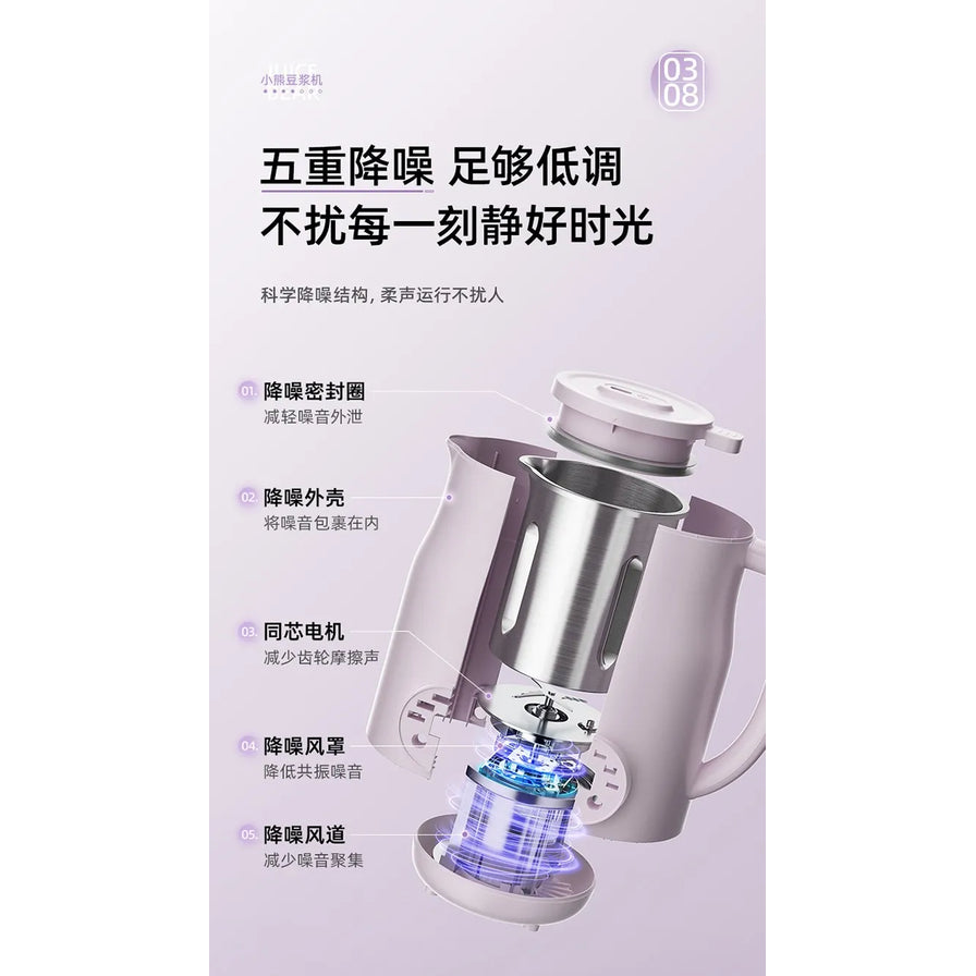 小熊豆浆机内部结构拆解图，展示五重降噪设计，包括密封圈、降噪外壳、同芯电机、风罩和风道。