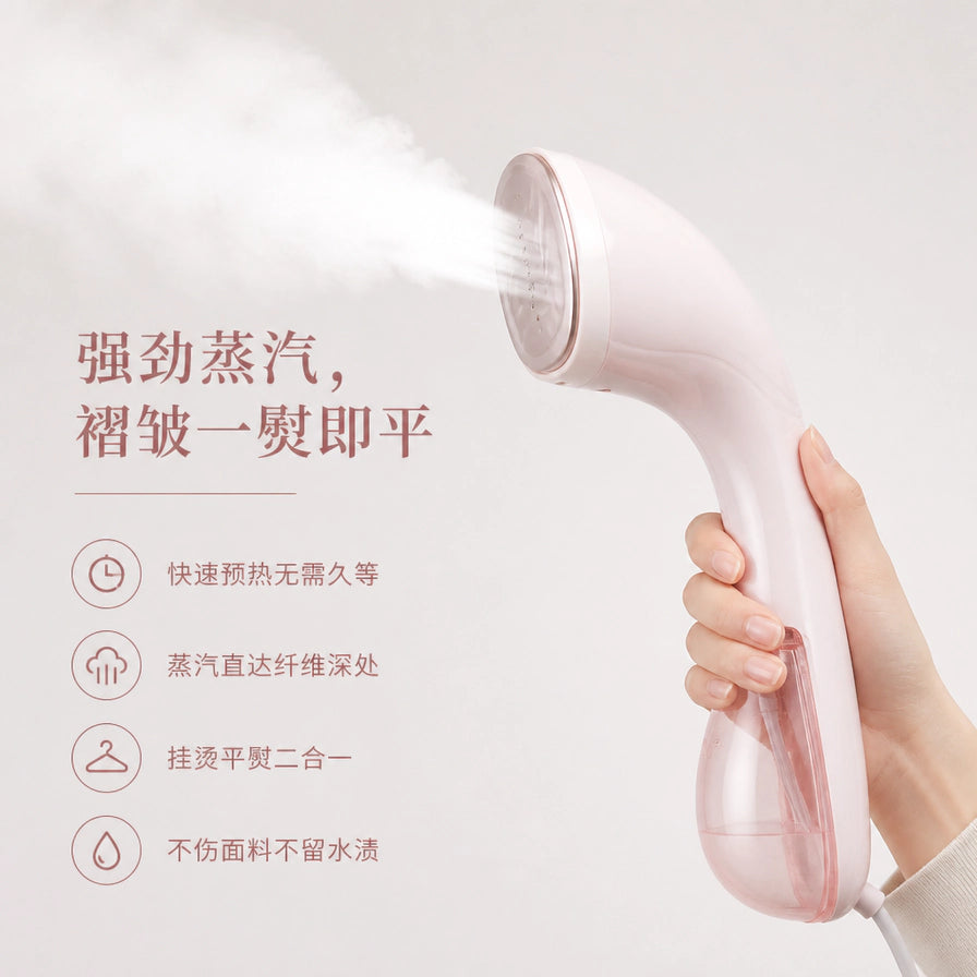 手持挂烫机喷射强劲蒸汽的特写，配有快速预热、挂烫平熨二合一等卖点文字。
