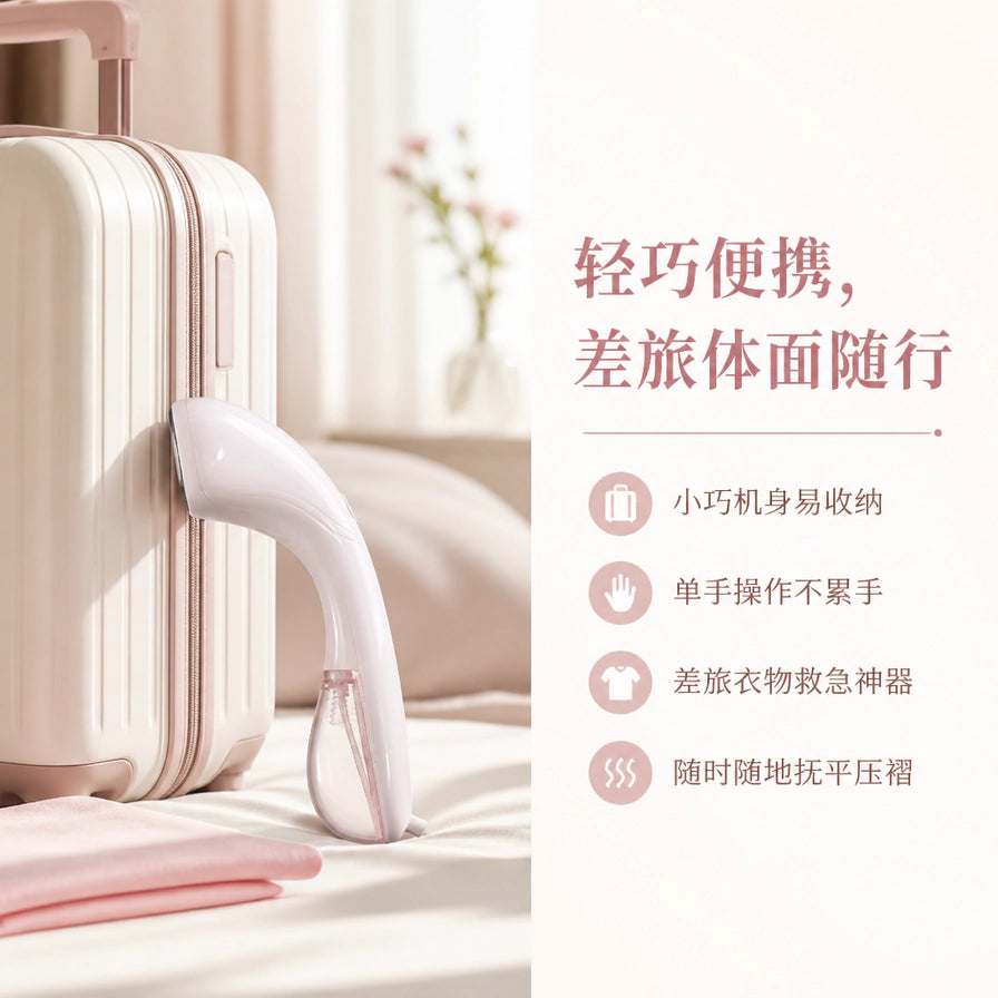 粉色挂烫机放置在白色行李箱旁的场景图，展示其轻巧便携、适合差旅的特点。