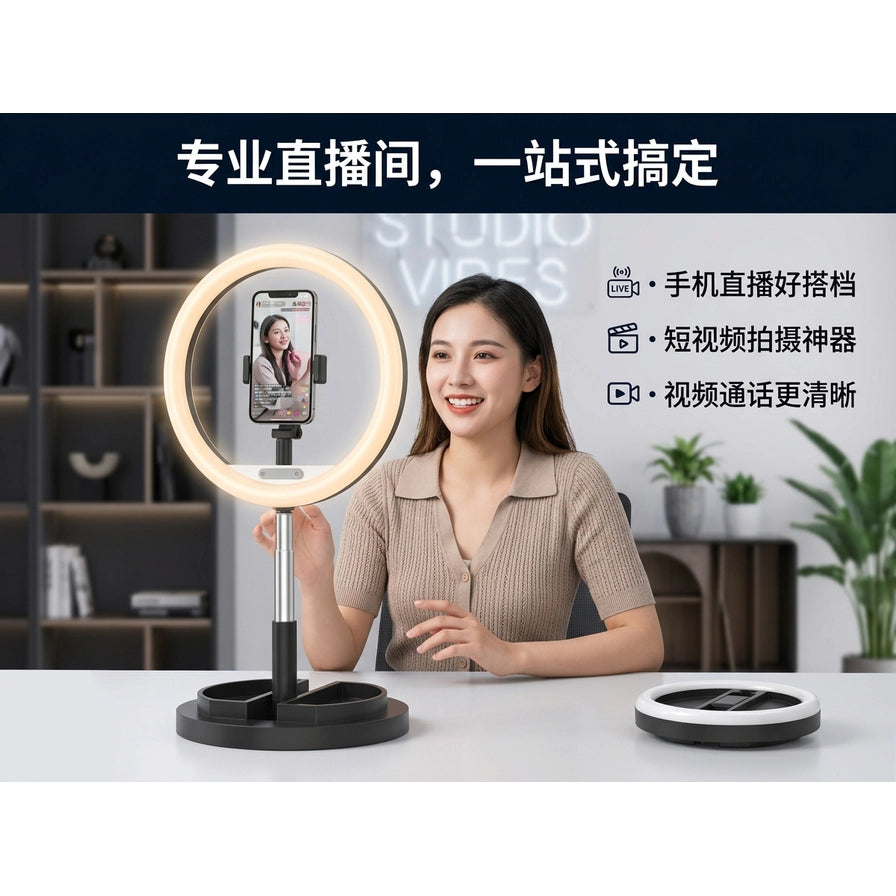 一名女性正在使用美颜补光灯进行直播，背景为专业直播间，配有中文功能说明。
