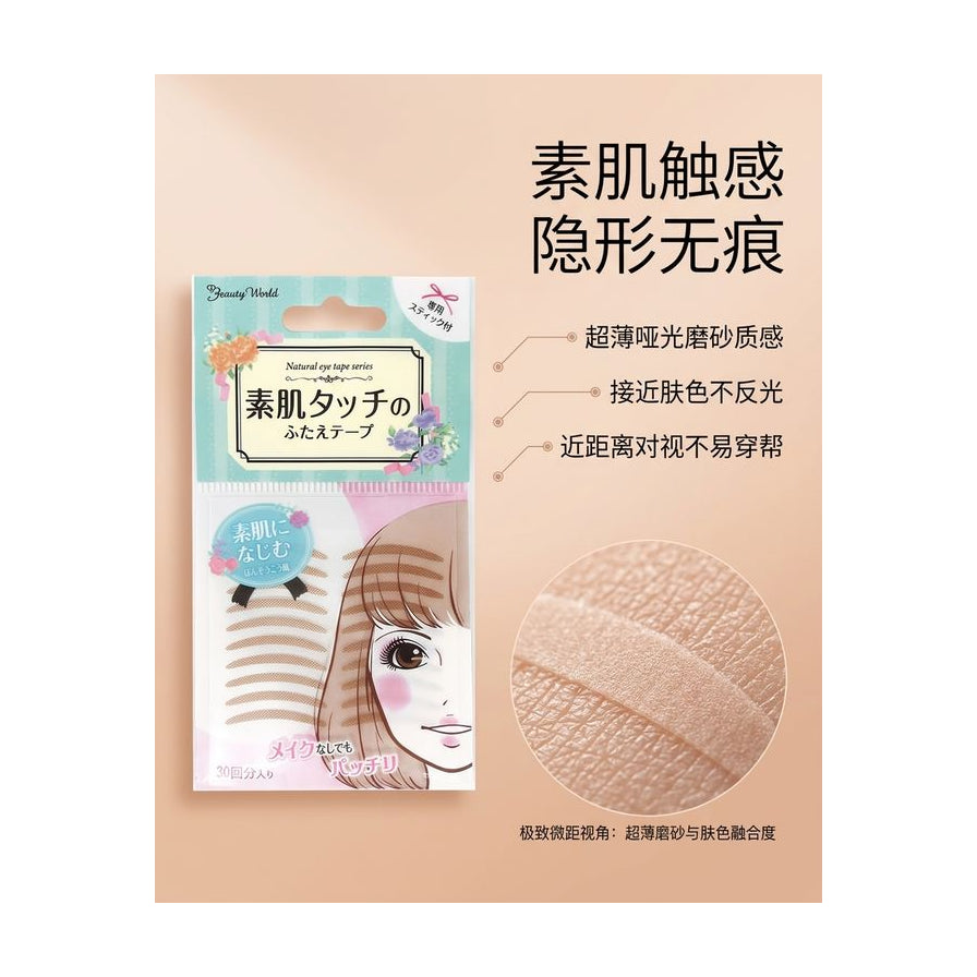 双眼皮贴材质细节特写与中文卖点说明图，强调超薄哑光磨砂质感与隐形无痕效果。