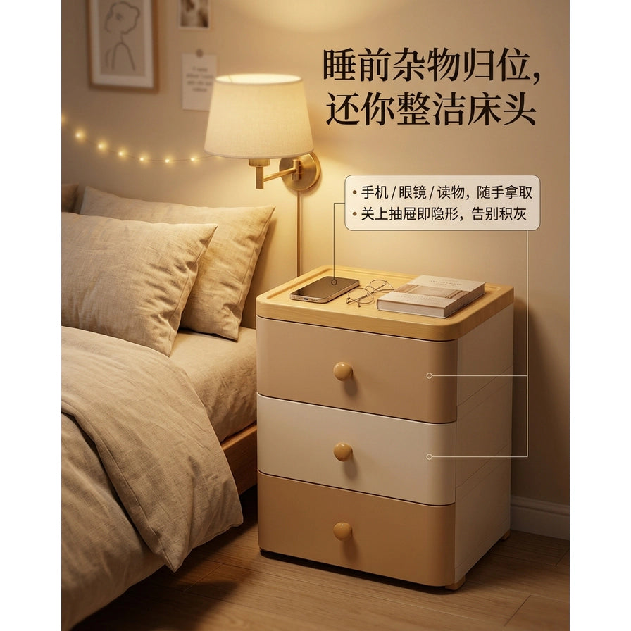 卧室场景中床头柜的使用展示，台面上放有手机、眼镜和书本，图片包含中文说明文字。