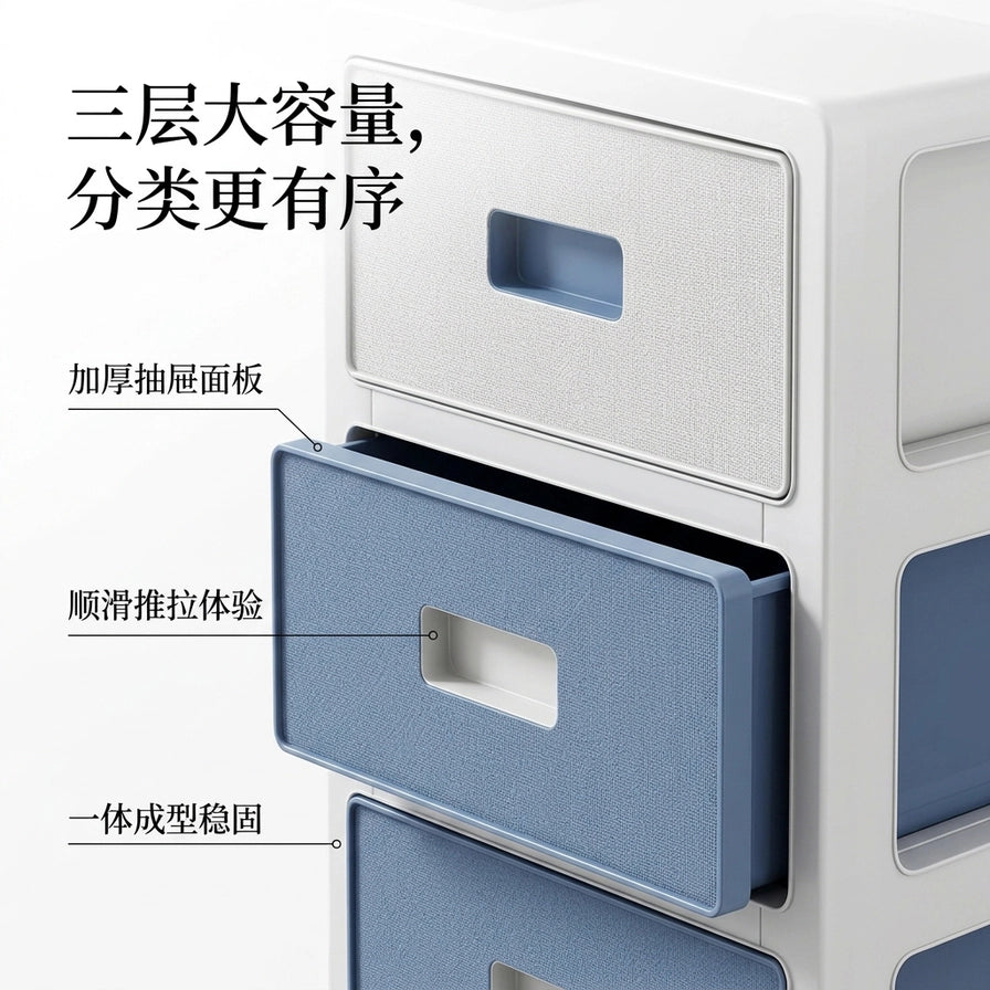 抽屉局部特写图，配有中文说明文字标注加厚面板、顺滑推拉及一体成型特点。