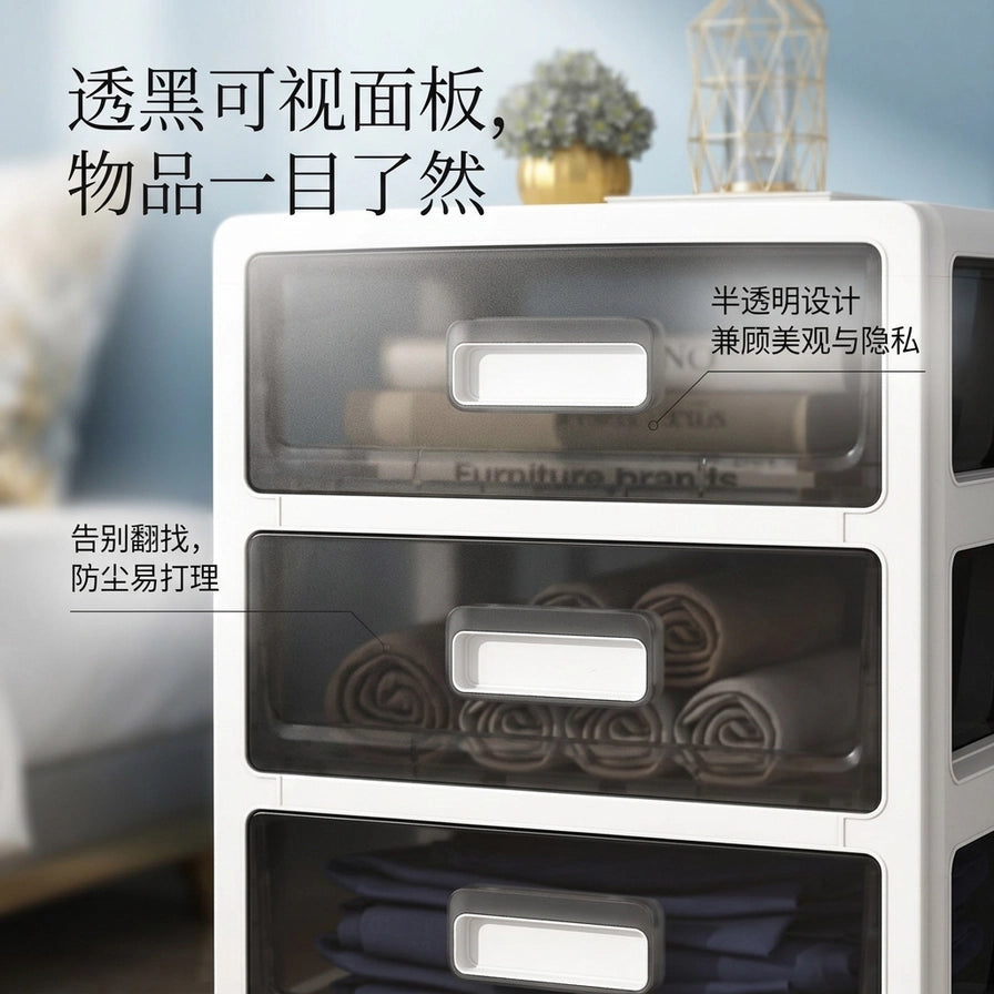 床头柜局部特写，展示半透明抽屉设计，图片叠加中文说明文字强调可视与防尘功能。