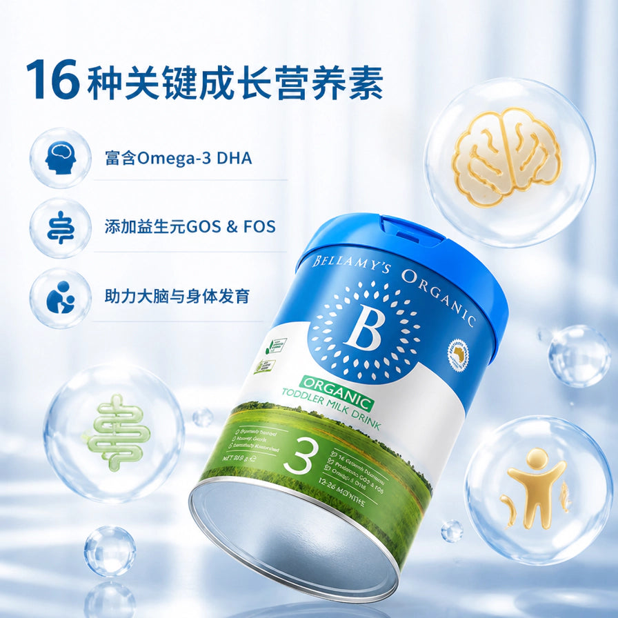 贝拉米有机奶粉营养成分展示图，包含16种关键成长营养素、DHA及益生元等中文卖点图标。