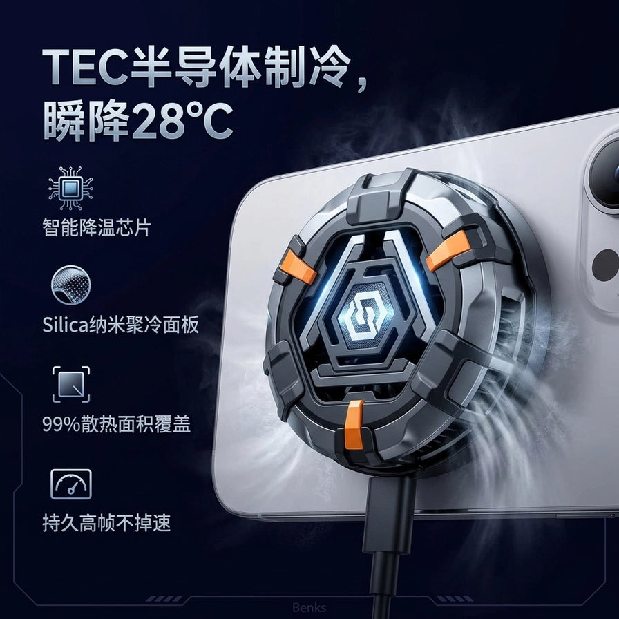 Benks 邦克仕散热器工作原理示意图，展示 TEC 半导体制冷技术、智能降温芯片及 99% 散热面积覆盖，伴有冷气散发视觉效果。