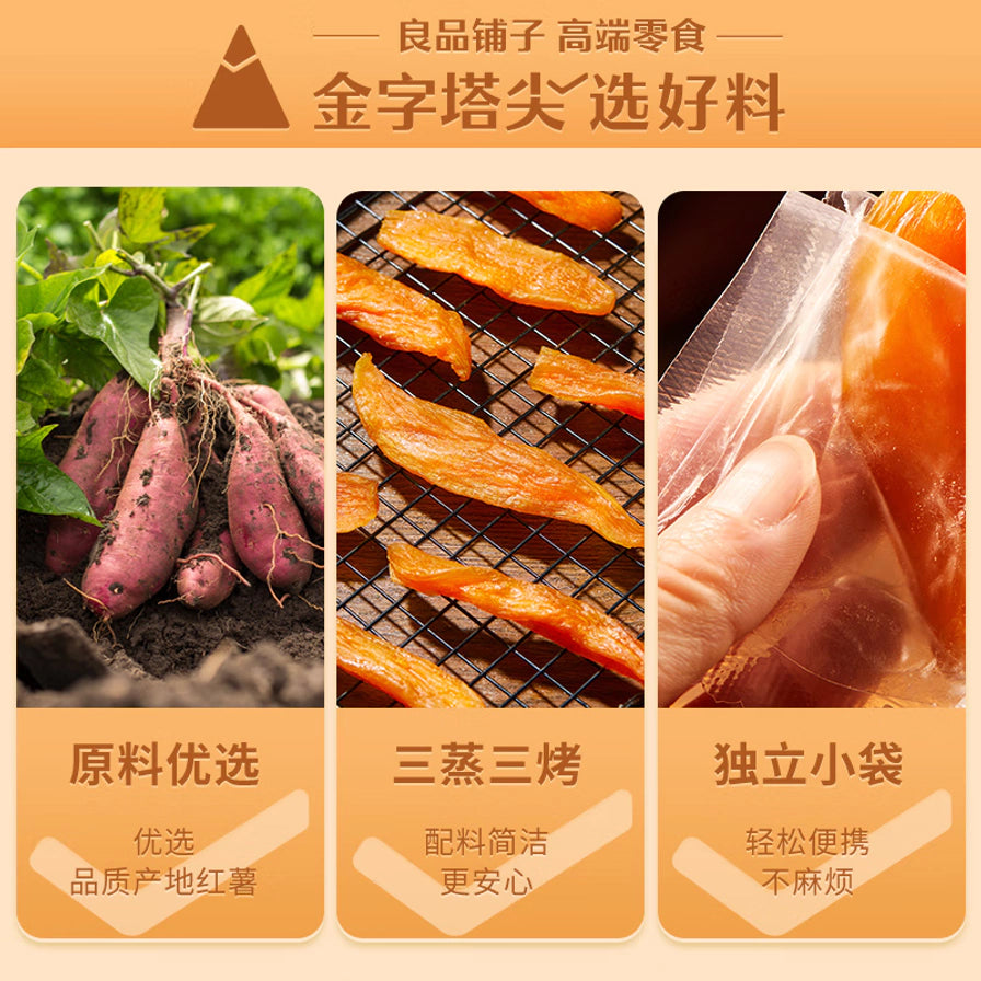 良品铺子红薯干卖点介绍图，包含原料优选、三蒸三烤工艺展示以及独立小袋包装的细节图。