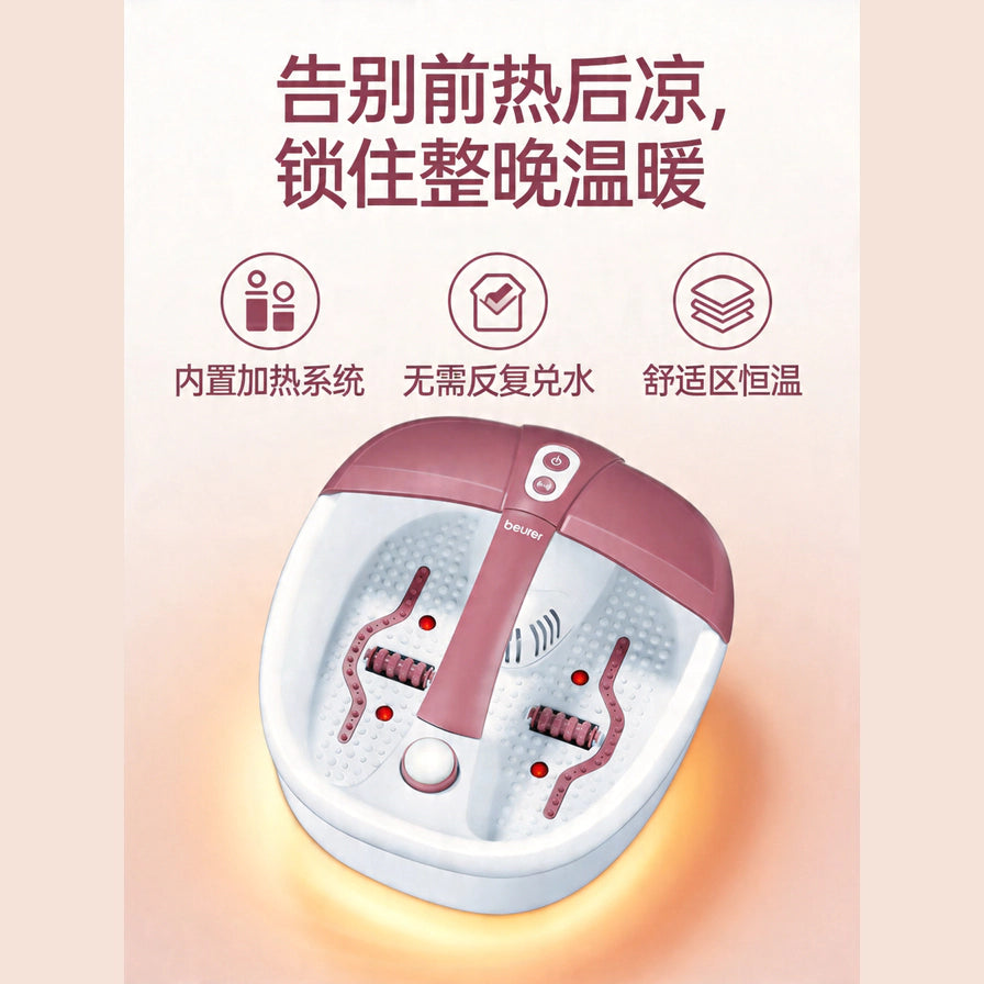 带有中文卖点文案的足浴盆营销图，强调内置加热系统、无需兑水和舒适区恒温功能。
