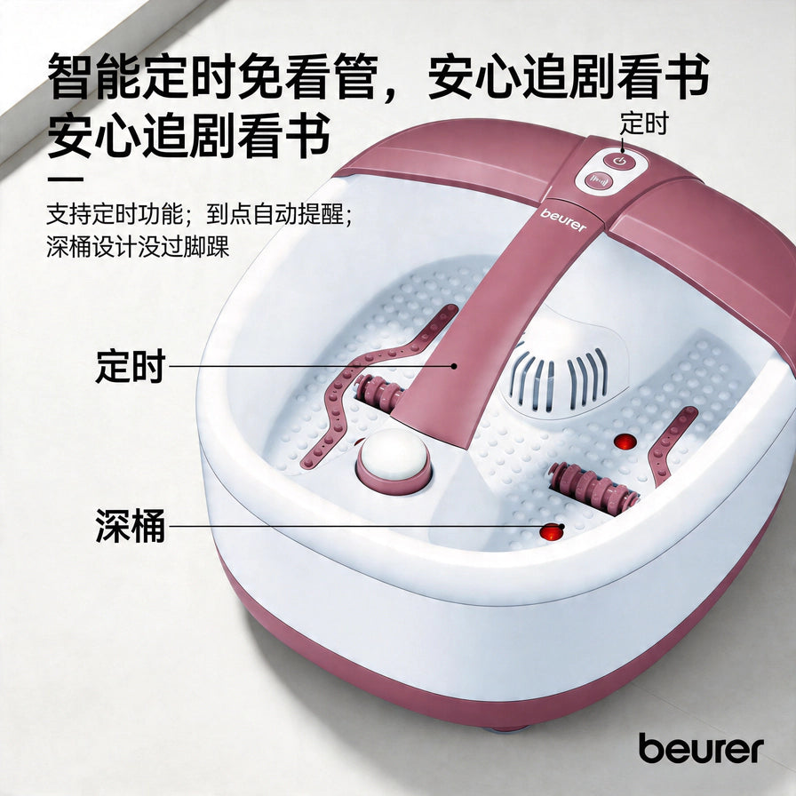 带有中文标注的足浴盆功能详解图，通过引线指示定时按钮和深桶设计细节。