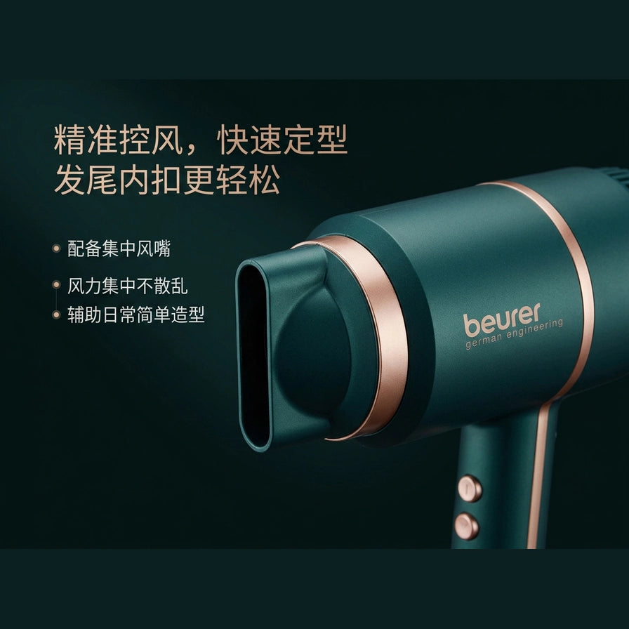 Beurer 迷你吹风筒集风嘴特写图，配有中文精准控风造型卖点说明。