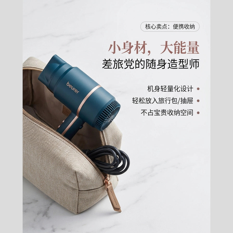 Beurer 迷你吹风筒放入旅行收纳包场景图，配有中文便携收纳卖点说明。