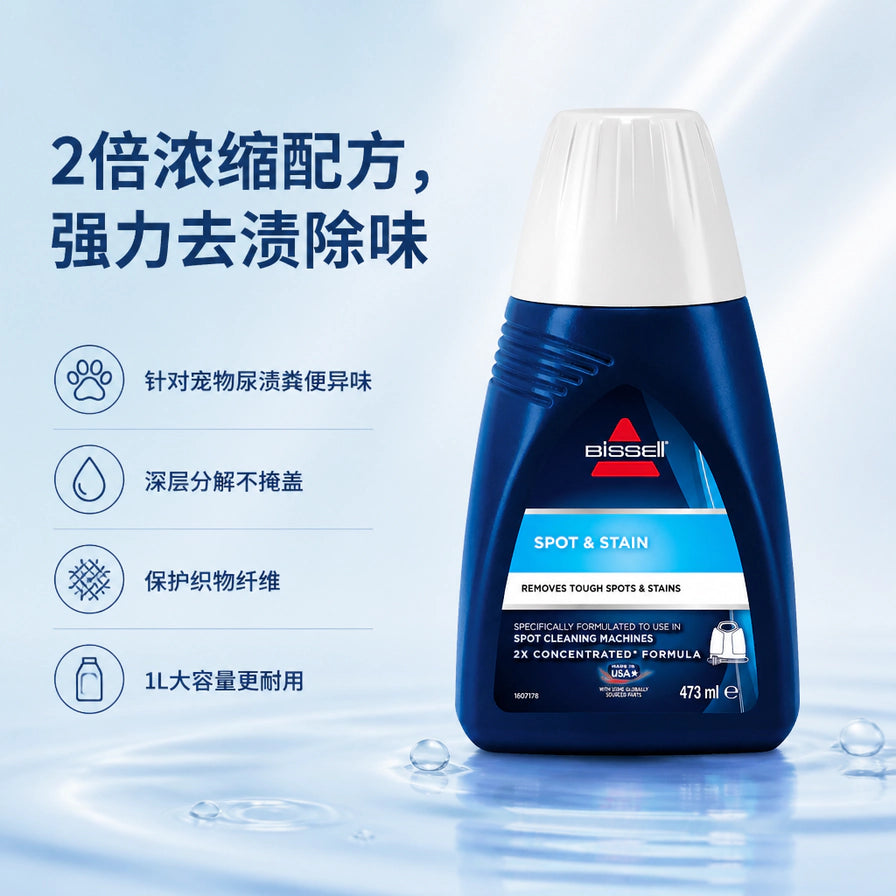 BISSELL 清洁剂卖点海报，左侧有中文文案“2倍浓缩配方，强力去渍除味”，右侧为瓶身产品图