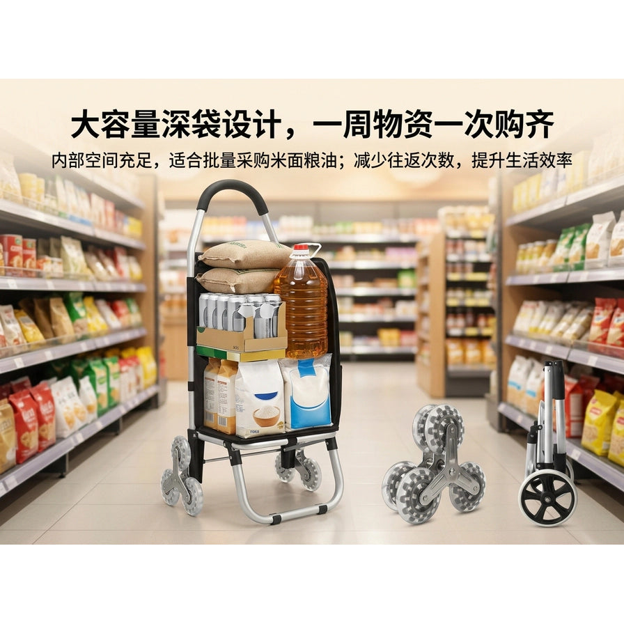 超市货架通道内装满米面油等重物的购物车，配有中文说明文字强调大容量设计。