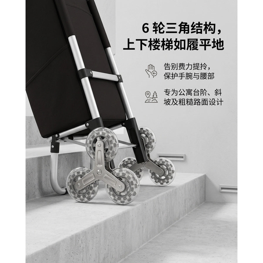 购物车在楼梯上推行场景，配有中文说明文字介绍 6 轮三角结构及省力特点。