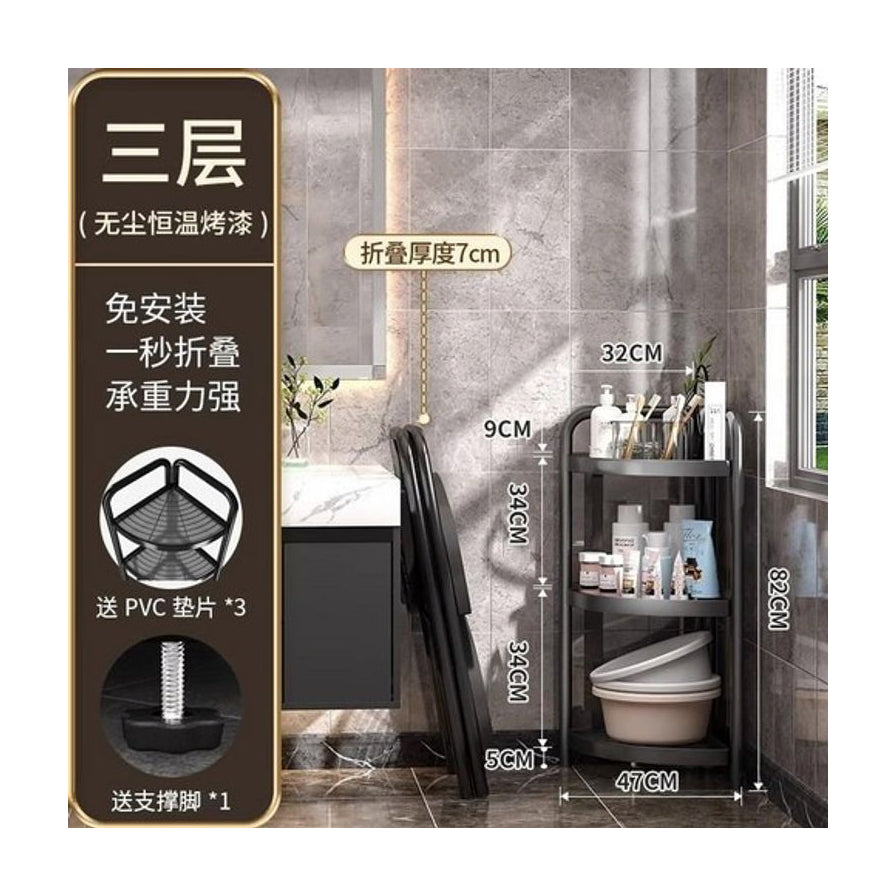 卫生间场景中的黑色三角置物架使用示意图，左侧包含尺寸标注、折叠厚度说明及产品卖点文字。