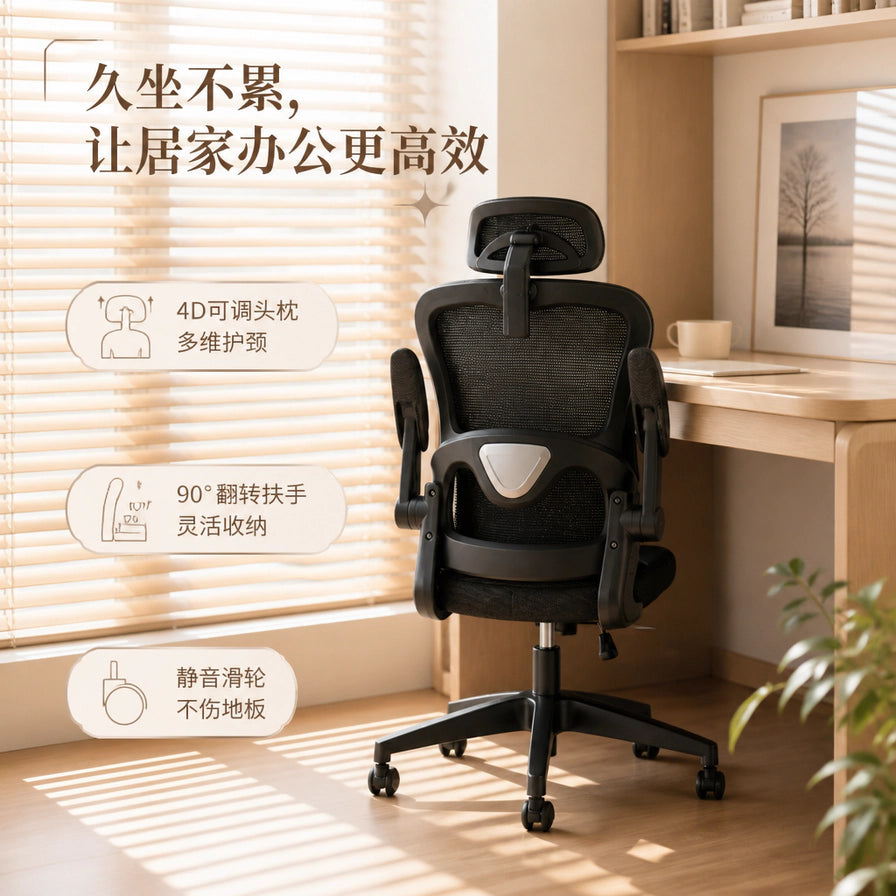 黑色人体工学网椅场景图，摆放在书桌旁，画面标注4D可调头枕、90°翻转扶手和静音滑轮