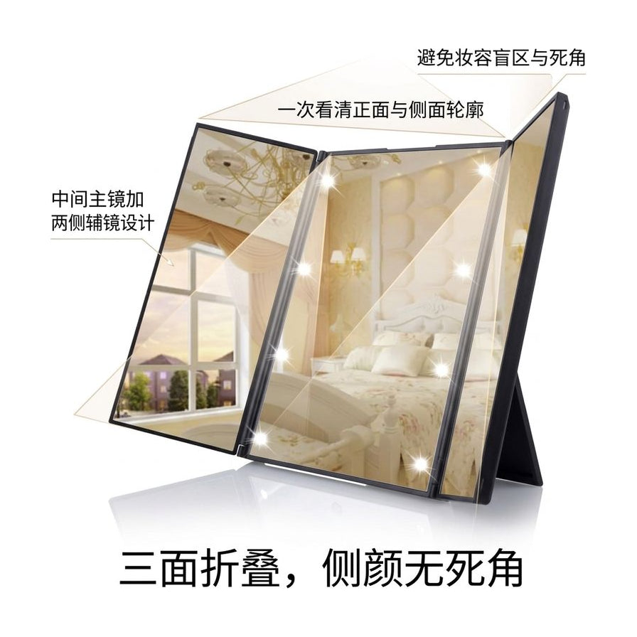 带中文标注的三面折叠镜示意图，图解主镜与辅镜设计及侧颜无死角卖点。