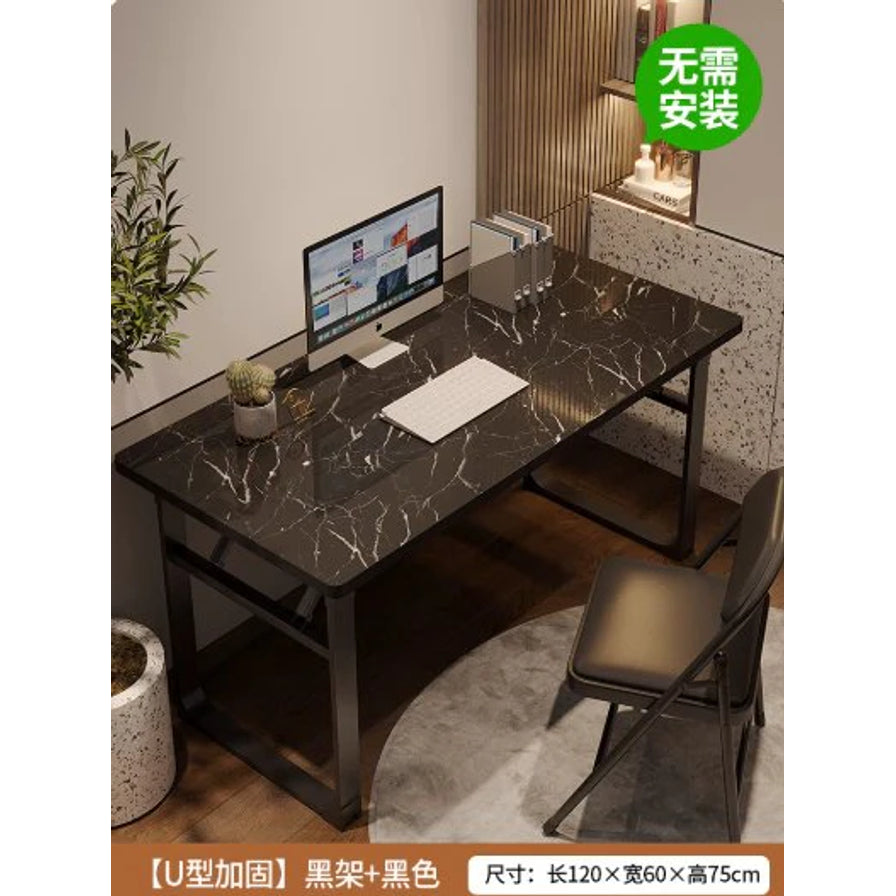 黑色大理石纹折叠书桌放在室内办公角落，桌面有电脑和键盘，右上角有“无需安装”标识