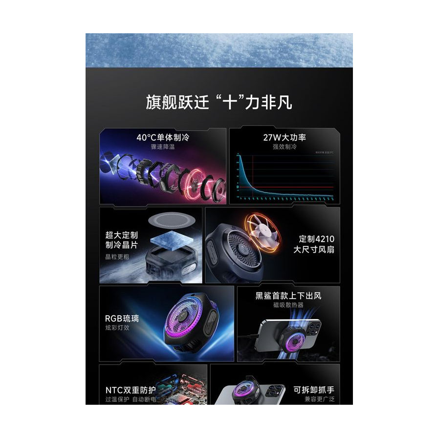 黑鲨冰封制冷背夹 4 Pro 磁吸版核心卖点图，包含制冷晶片、大尺寸风扇及 NTC 双重防护说明。