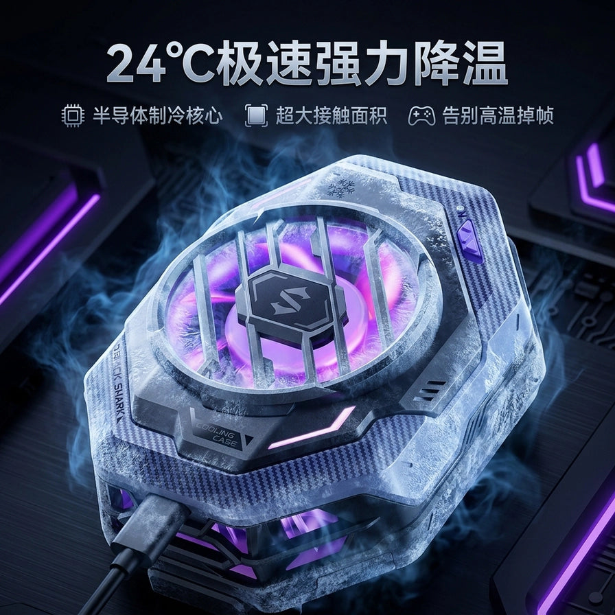 黑鲨冰封散热背夹 Pro 2 表面覆盖冰霜的视觉效果，强调其24摄氏度极速降温性能。