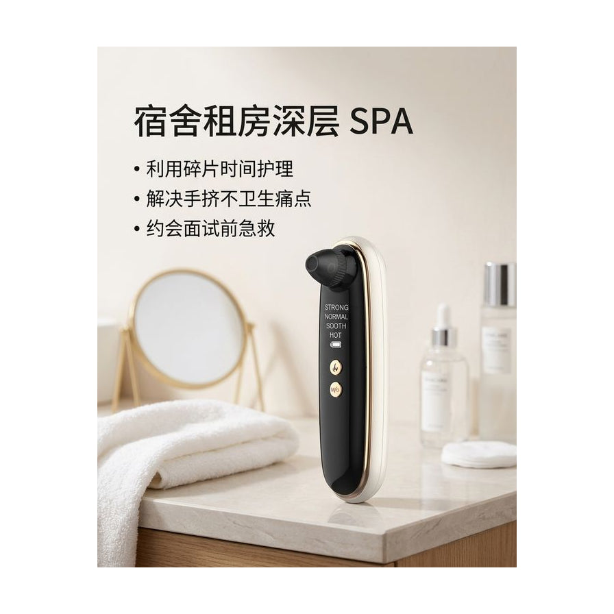 黑头清洁仪置于浴室台面场景图，背景含毛巾与镜子，配有中文标题“宿舍租房深层 SPA