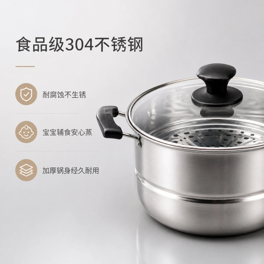 Bly.duck 不锈钢蒸锅细节图，左侧带有“食品级 304 不锈钢”、“耐腐蚀不生锈”、“宝宝辅食安心蒸”等中文卖点说明。