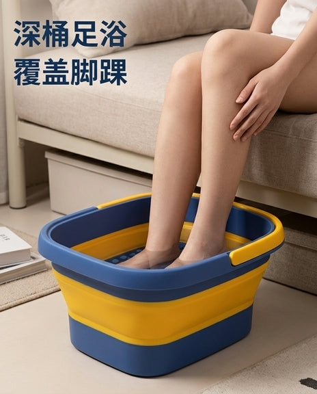 用户将双脚浸泡在深桶足浴盆中的场景图，配有中文说明文字。