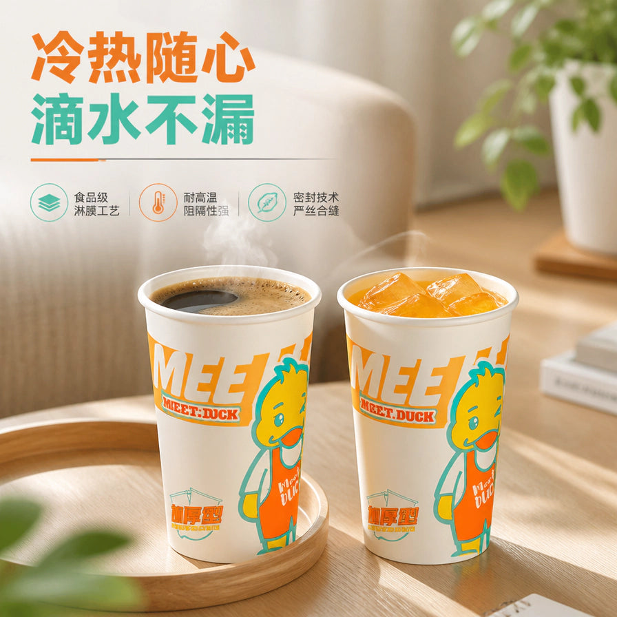 两只 Blyduck 小黄鸭纸杯分别盛装热咖啡和冰饮，展示冷热两用及防漏特性。