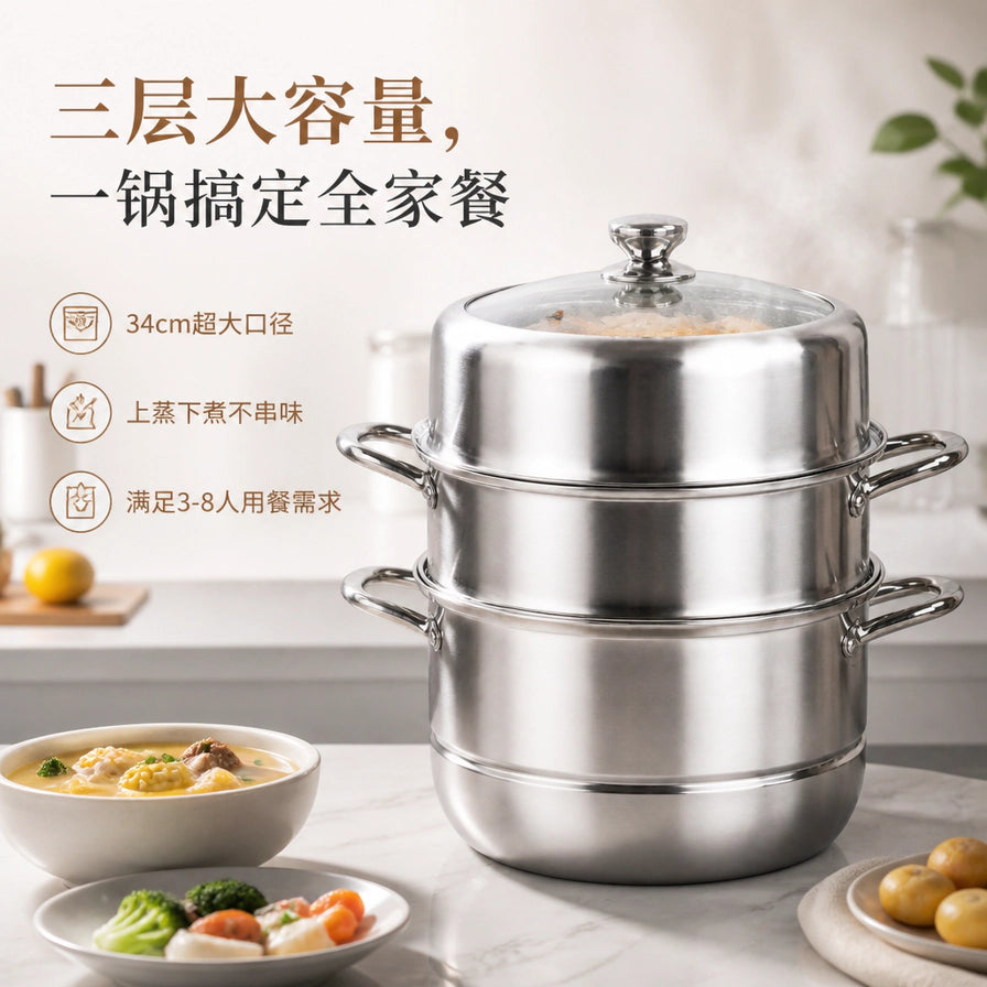 厨房场景中的 Blyduck 三层蒸锅，配有中文卖点：三层大容量、34cm超大口径、满足3 - 8人用餐需求。